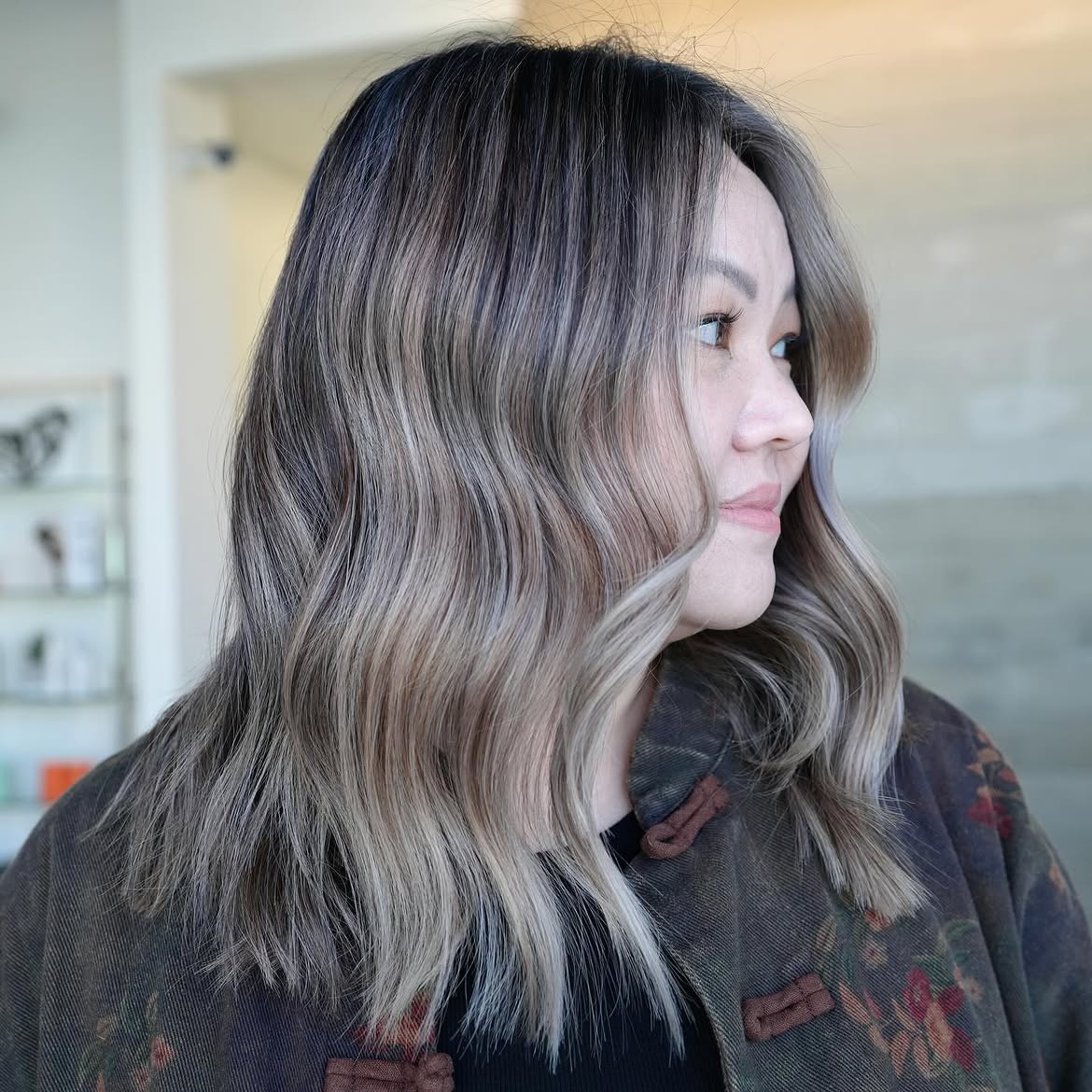 Smoky Ash Blonde Balayage With Soft Waves