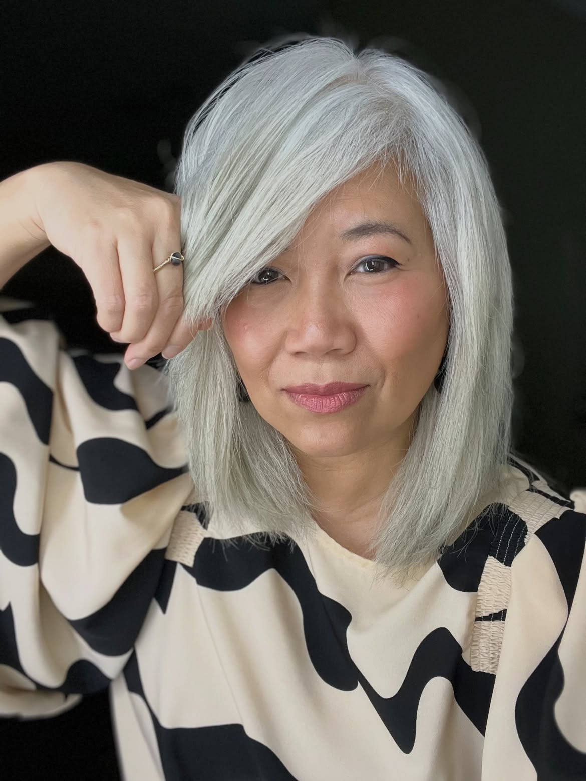 Sophisticated Silver Lob With Deep Side Swept Bangs