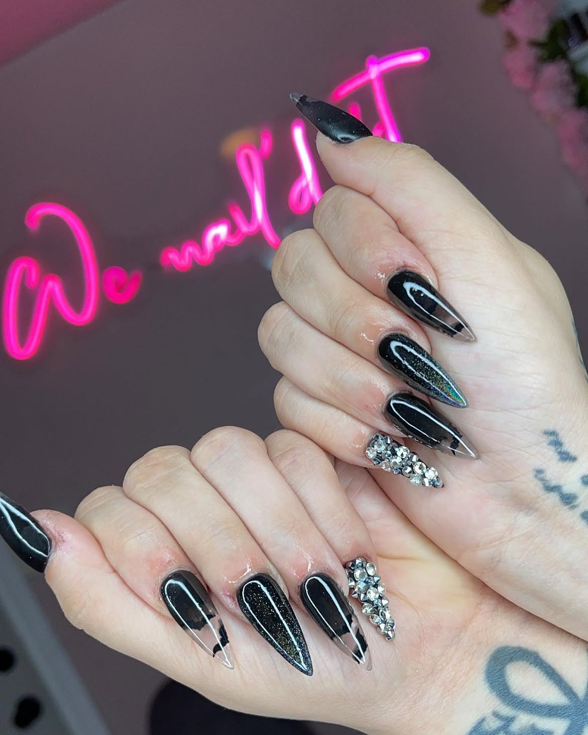 Sparkling Black & Clear Stiletto Nails with Rhinestones
