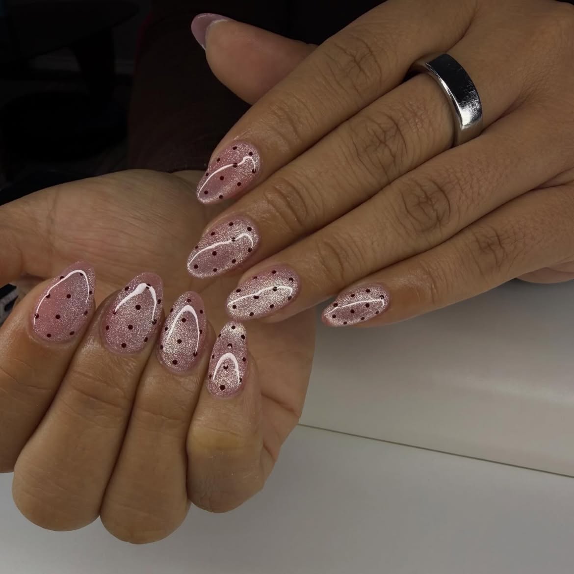Sparkling Pink Polka Dot Almond Nails