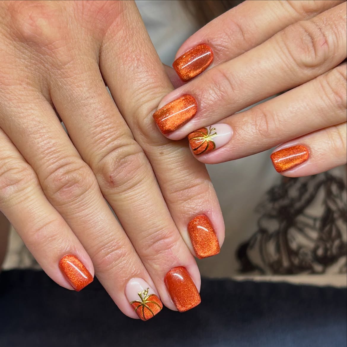 Sparkling Pumpkin French Tips With Gold Accents
