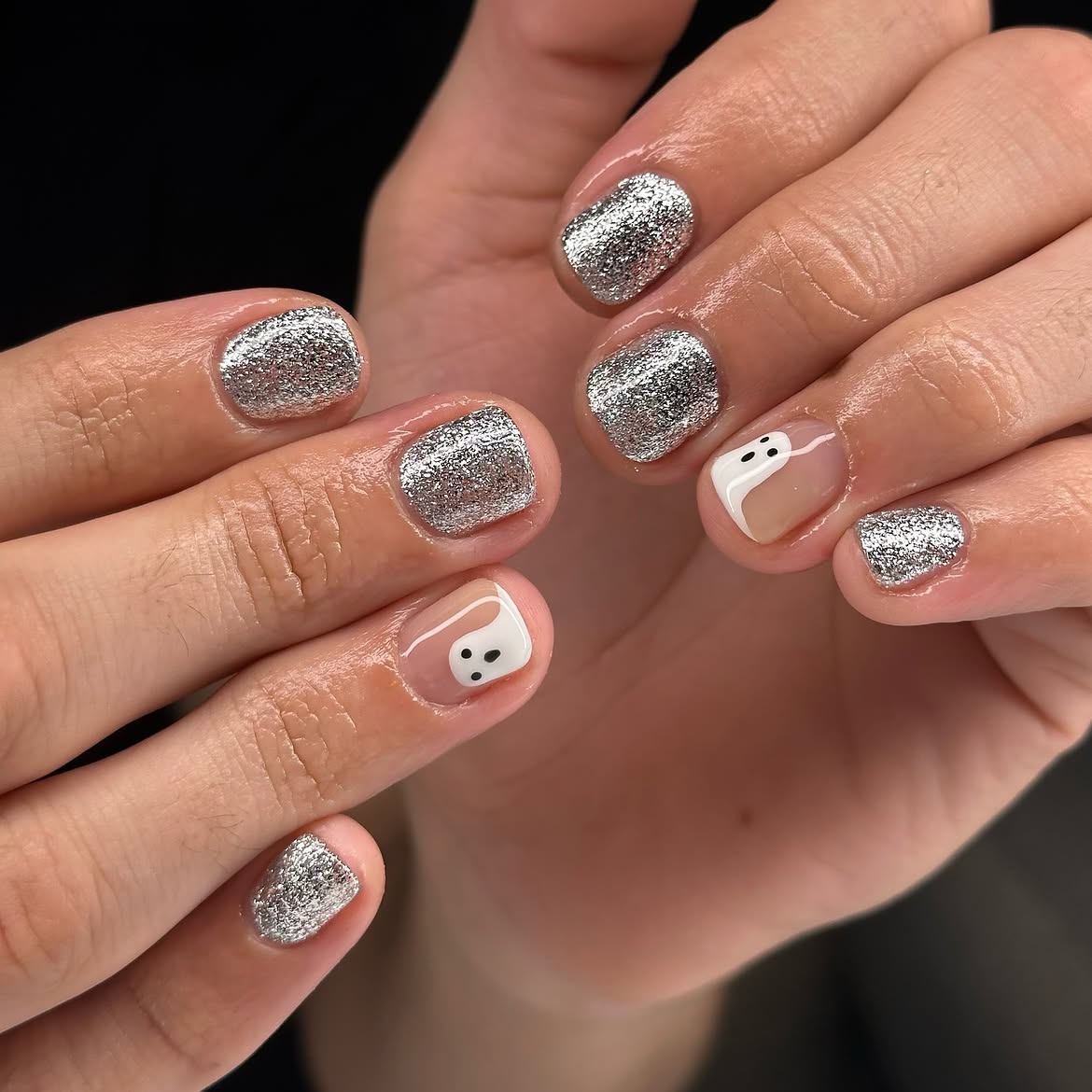 Sparkling Silver Ghost French Tip Nails