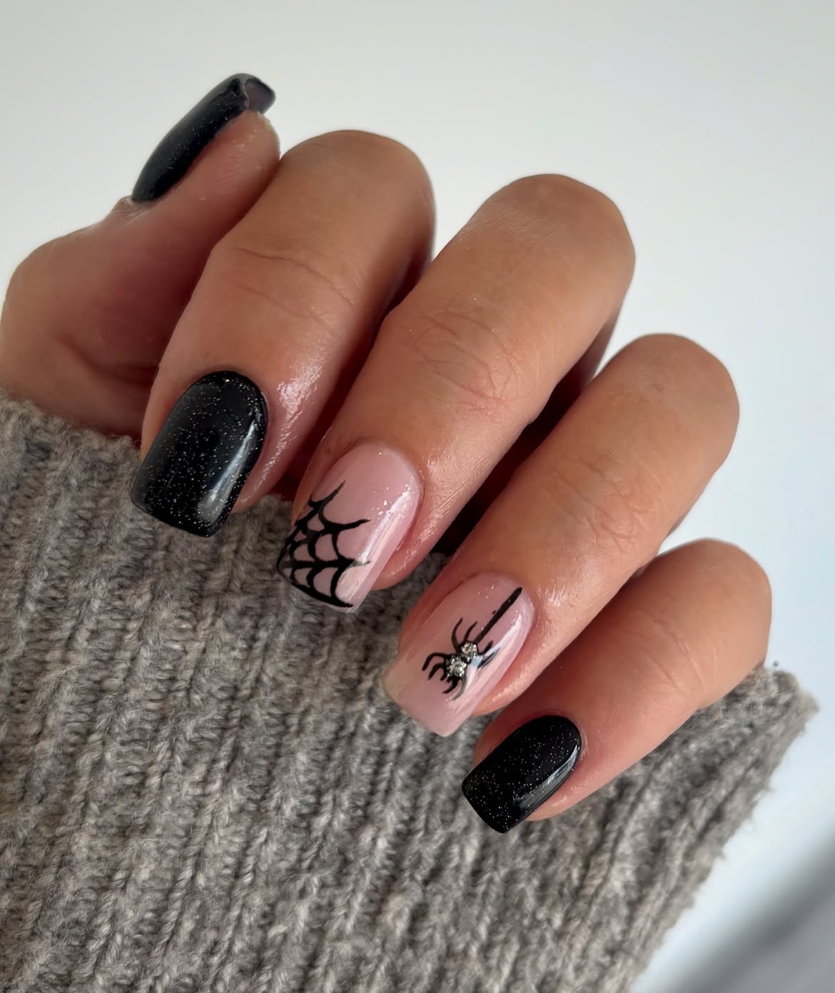 Sparkly Black Spiderweb Halloween Nails