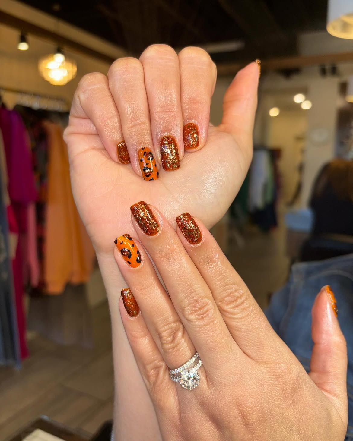 Sparkly Pumpkin Cheetah Print Square Nails
