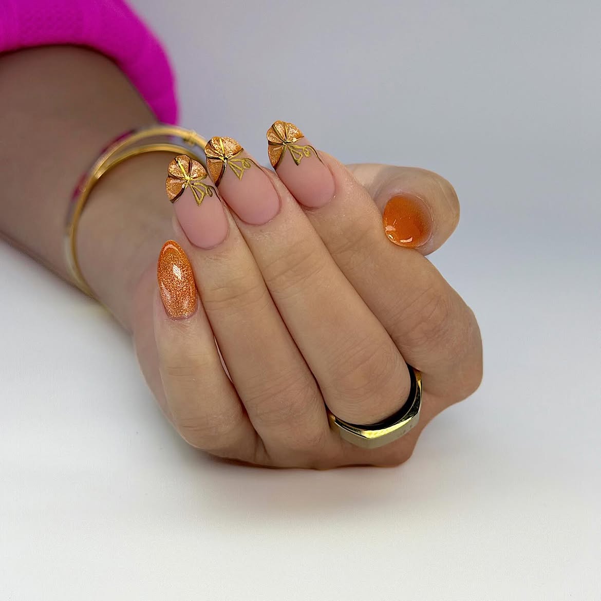 Sparkly Pumpkin French Tip Almond Nails