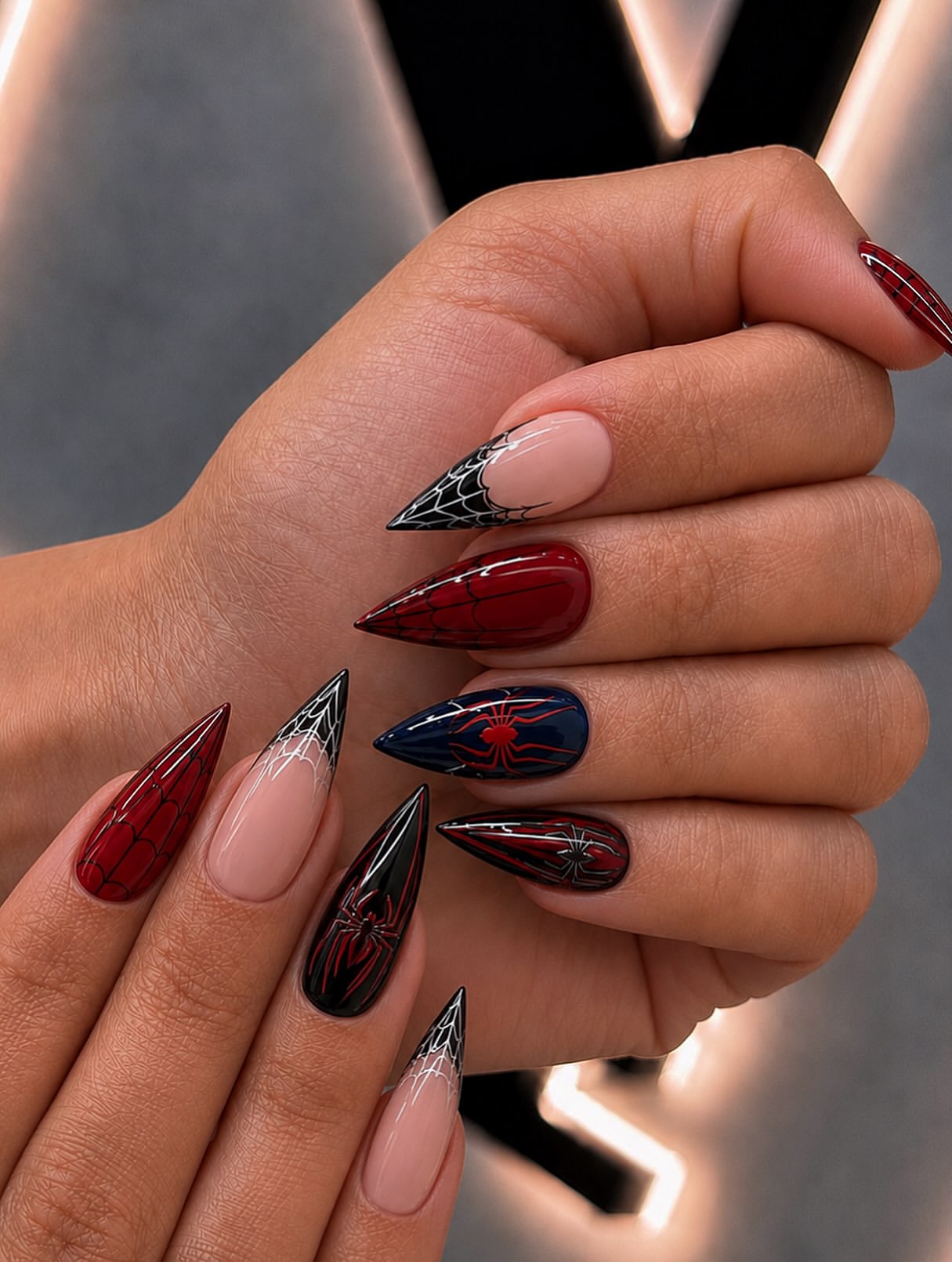 Spider-Man Themed Stiletto Nails