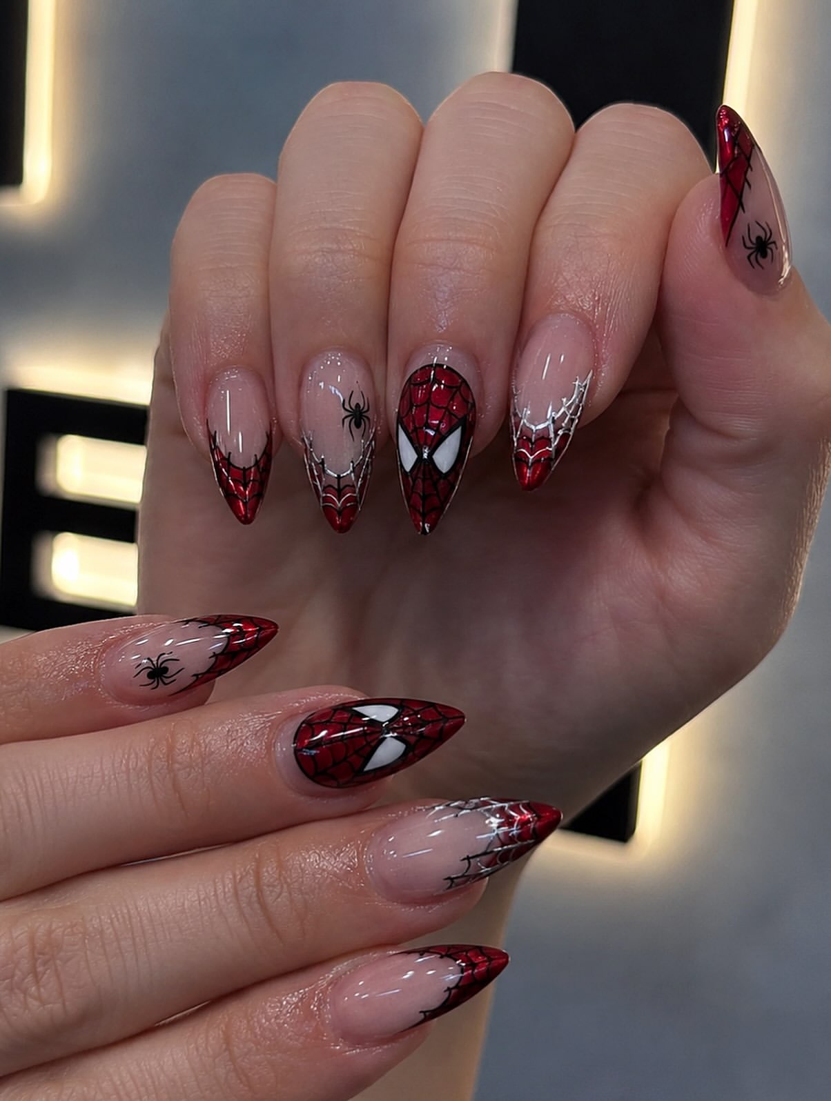 Spiderman Web and Mask Stiletto Nails