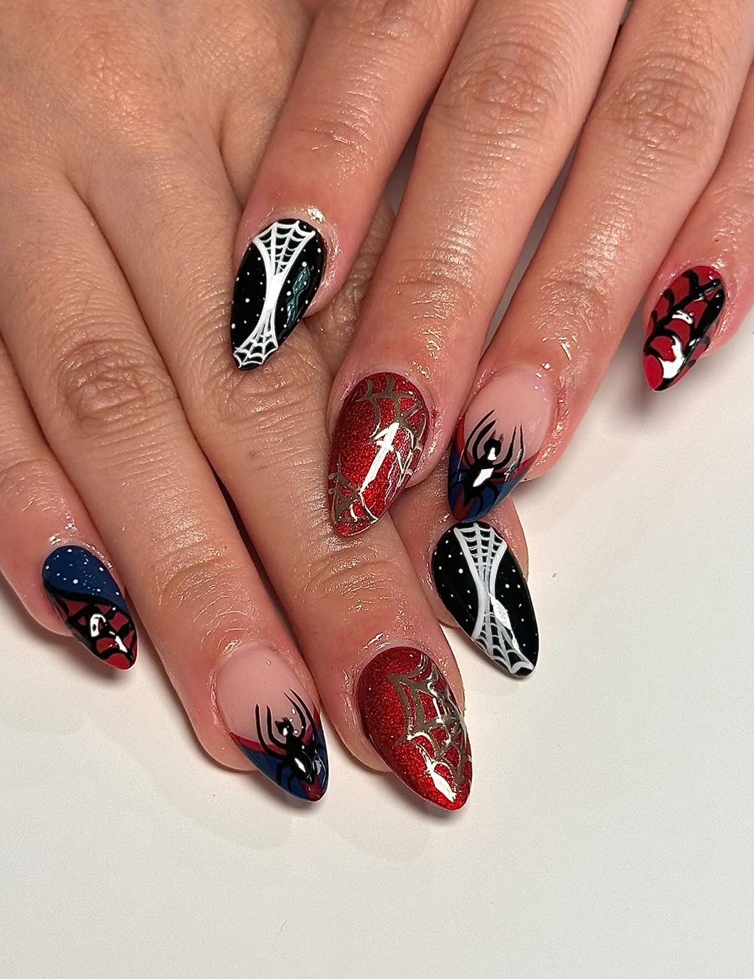 Spidey Web and Spider Halloween Almond Nails