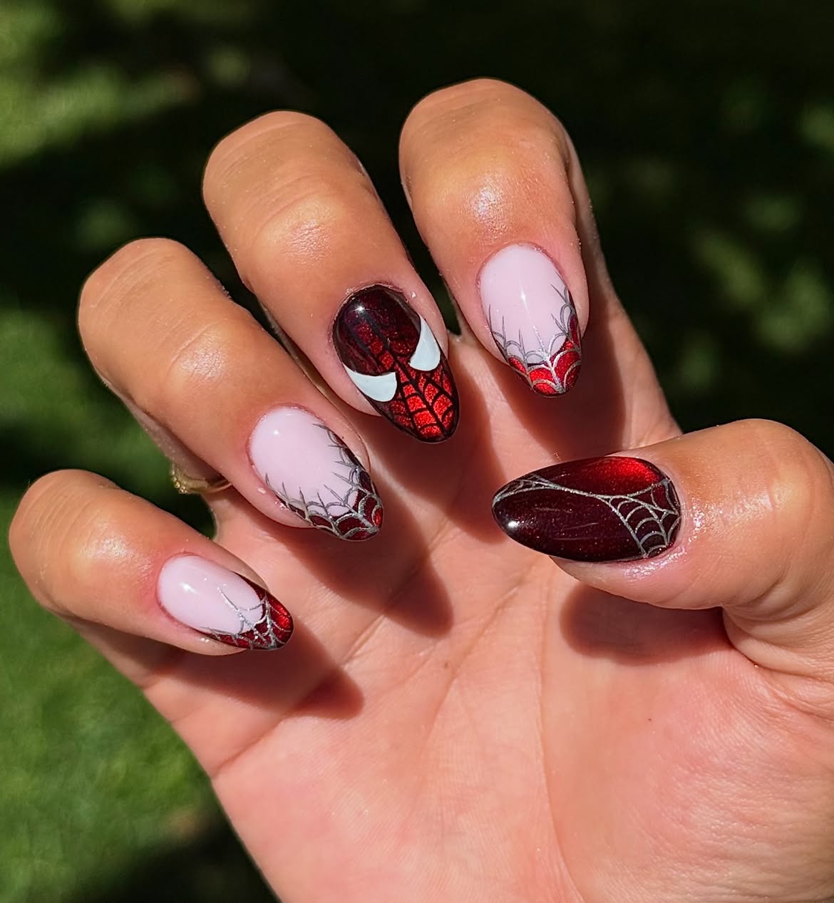 Spidey Web Glossy Almond Halloween Nails