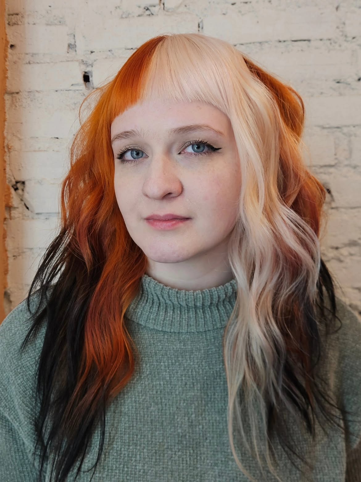 Split Dye Copper And Platinum Shag With Baby Bangs