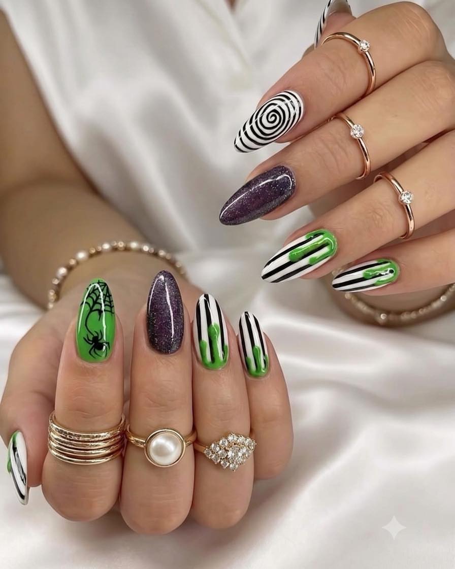 Spooky Beetlejuice Stripe Halloween Nails