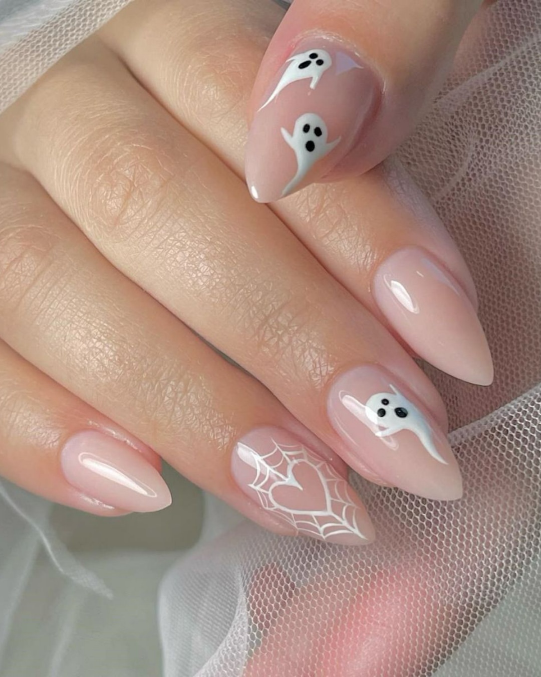 Spooky Cute Ghost and Spiderweb Almond Nails