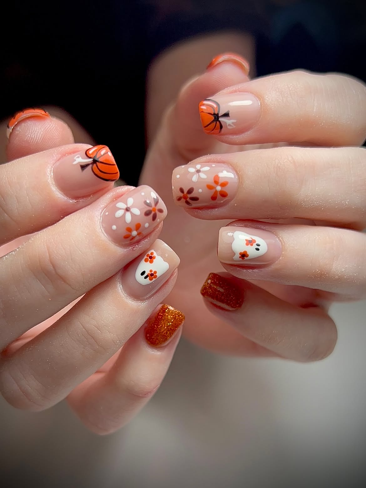 Spooky Cute Pumpkin and Ghost Fall French Tips