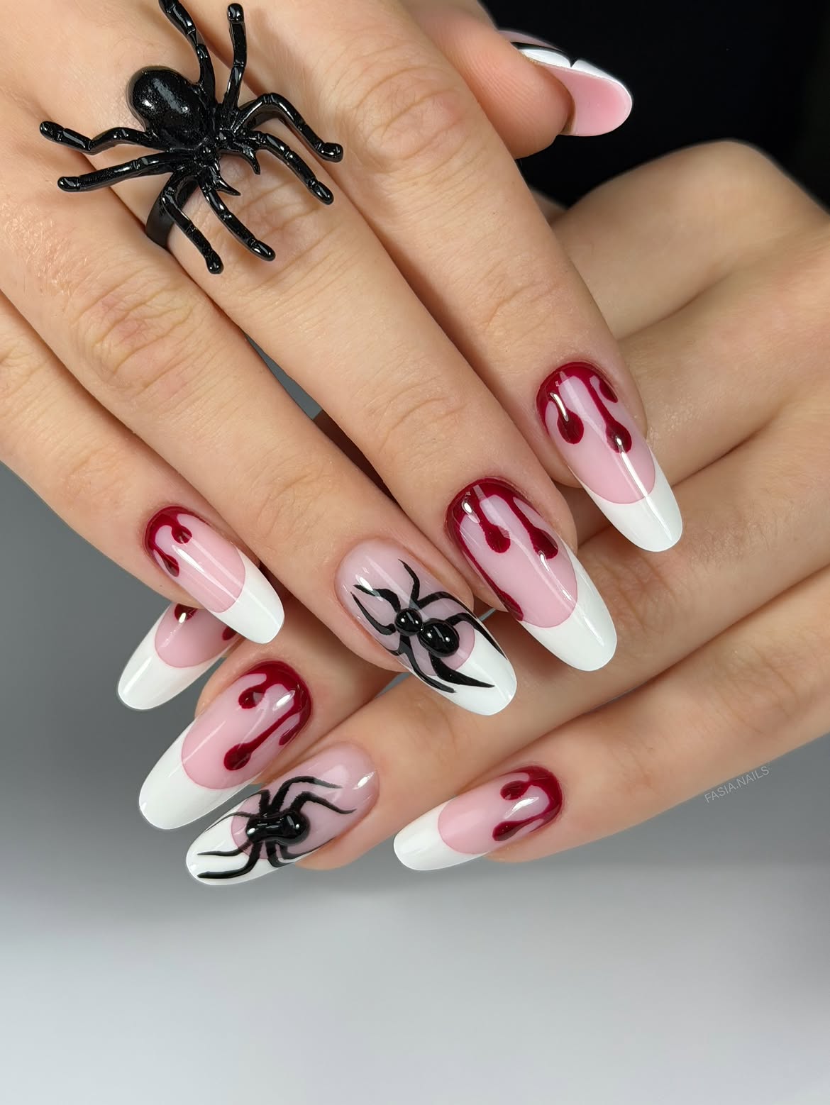 Spooky Dripping Blood French Spider Nails