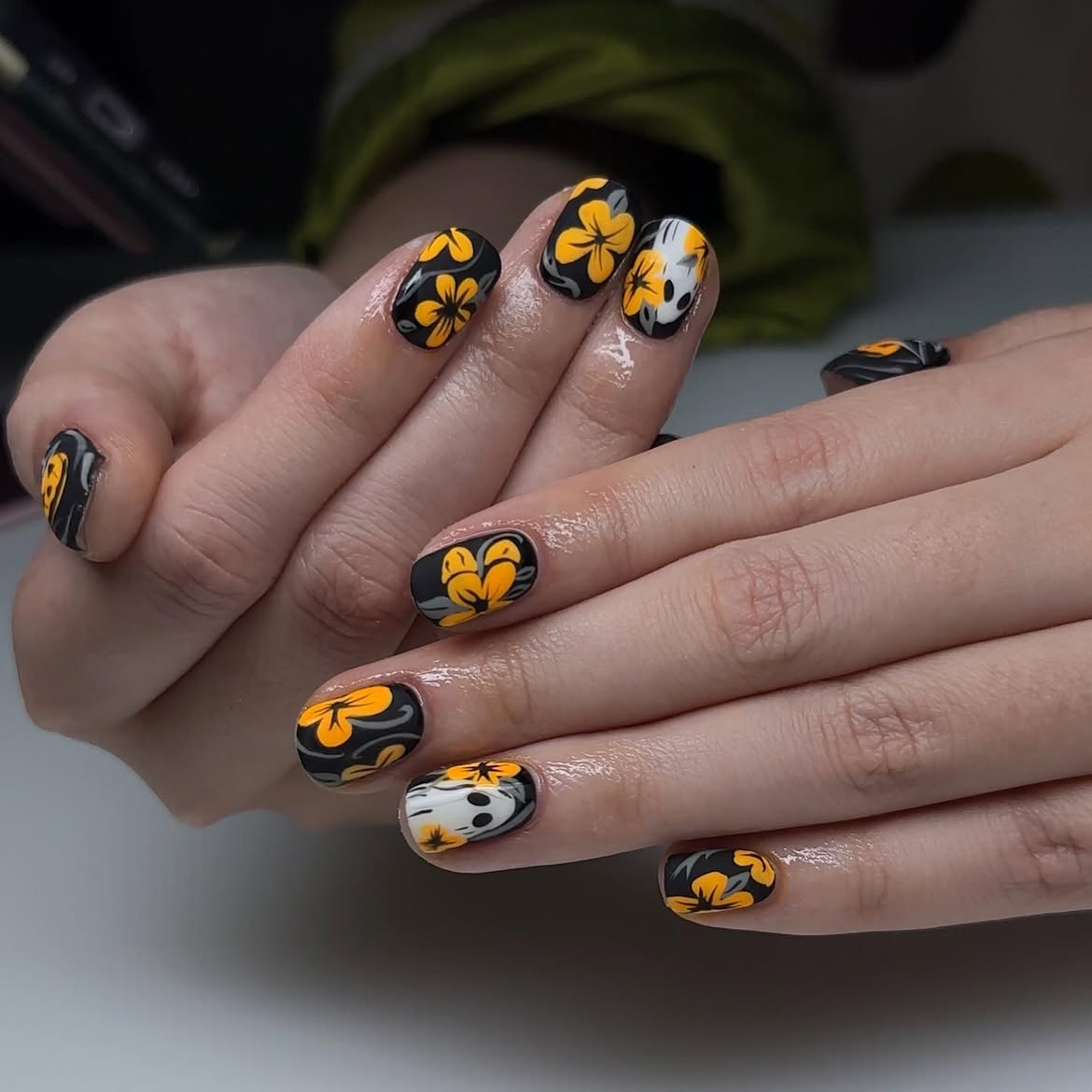 Spooky Floral Ghost Halloween Nails