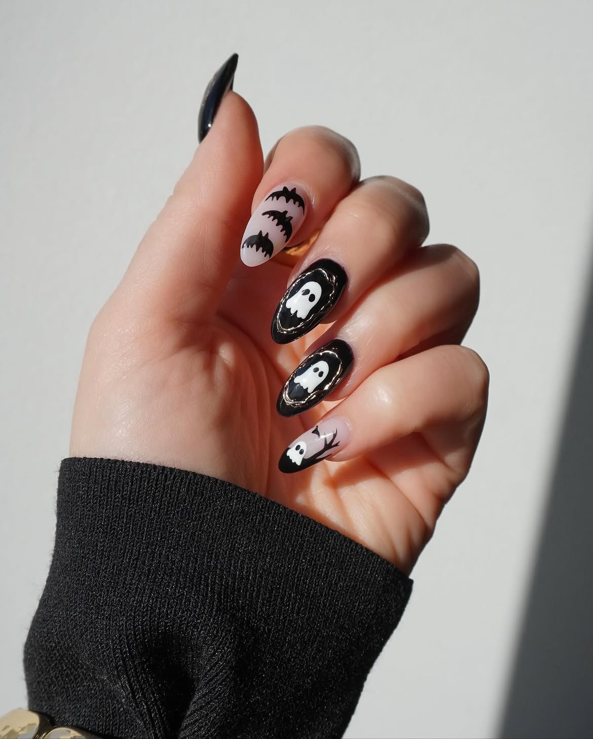 Spooky Ghost and Bat Halloween Almond Nails