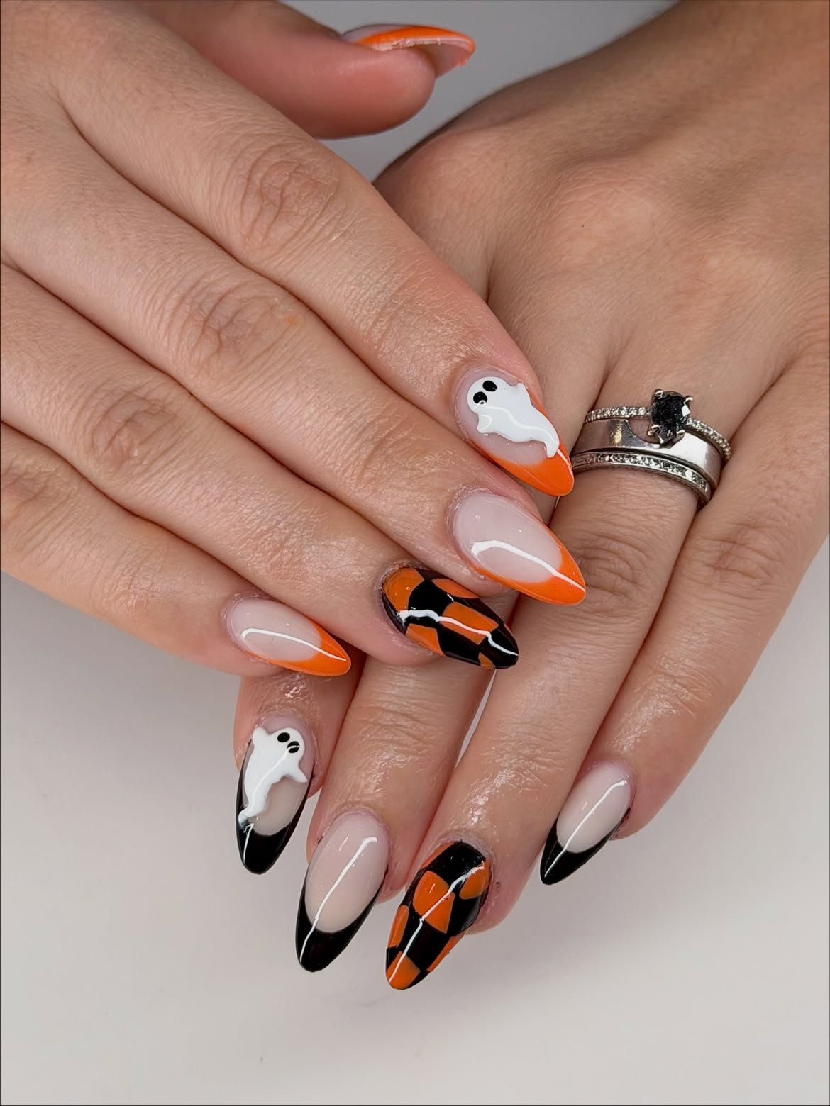 Spooky Ghost and Checkerboard French Tip Nails