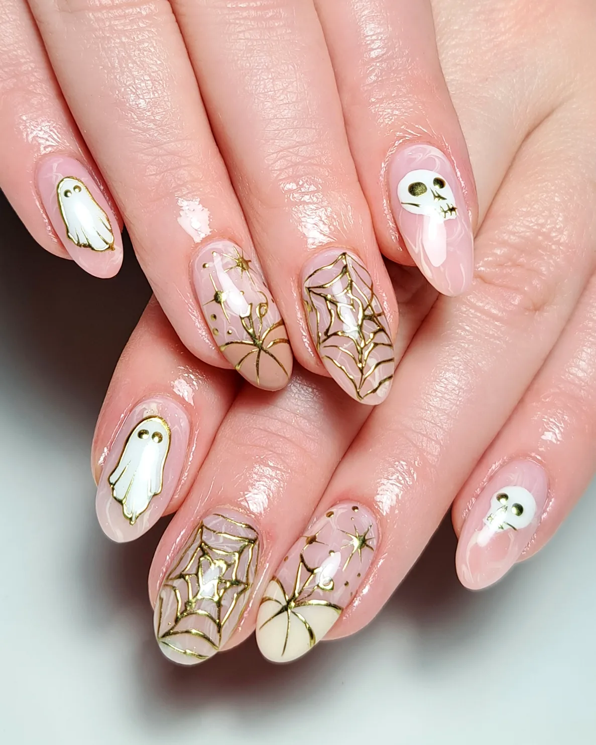 Spooky Ghost and Spiderweb Halloween Almond Nails