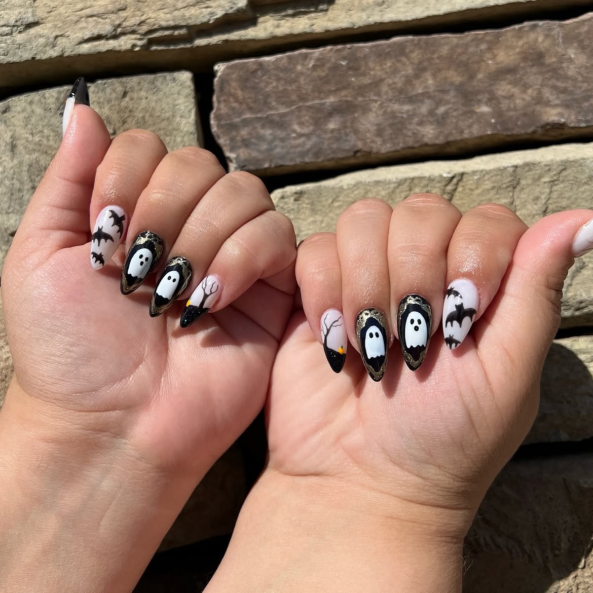 Spooky Ghost & Bat Halloween Almond Nails