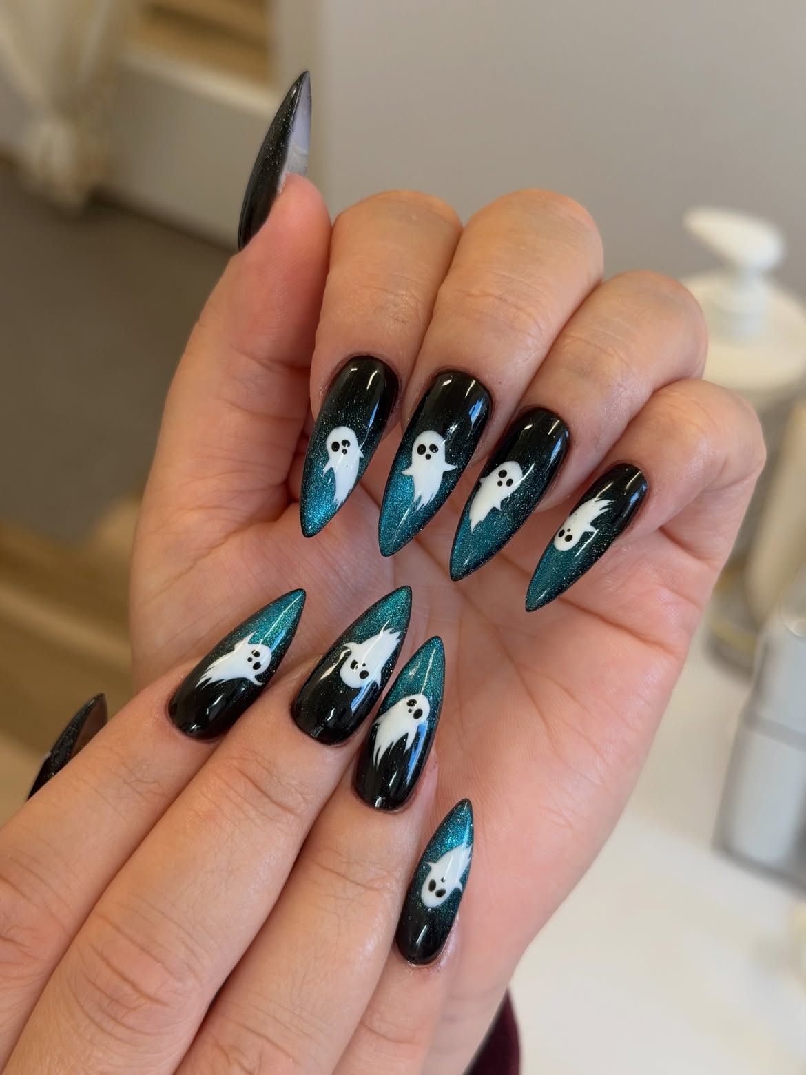 Spooky Ghost Teal Ombre Stiletto Nails