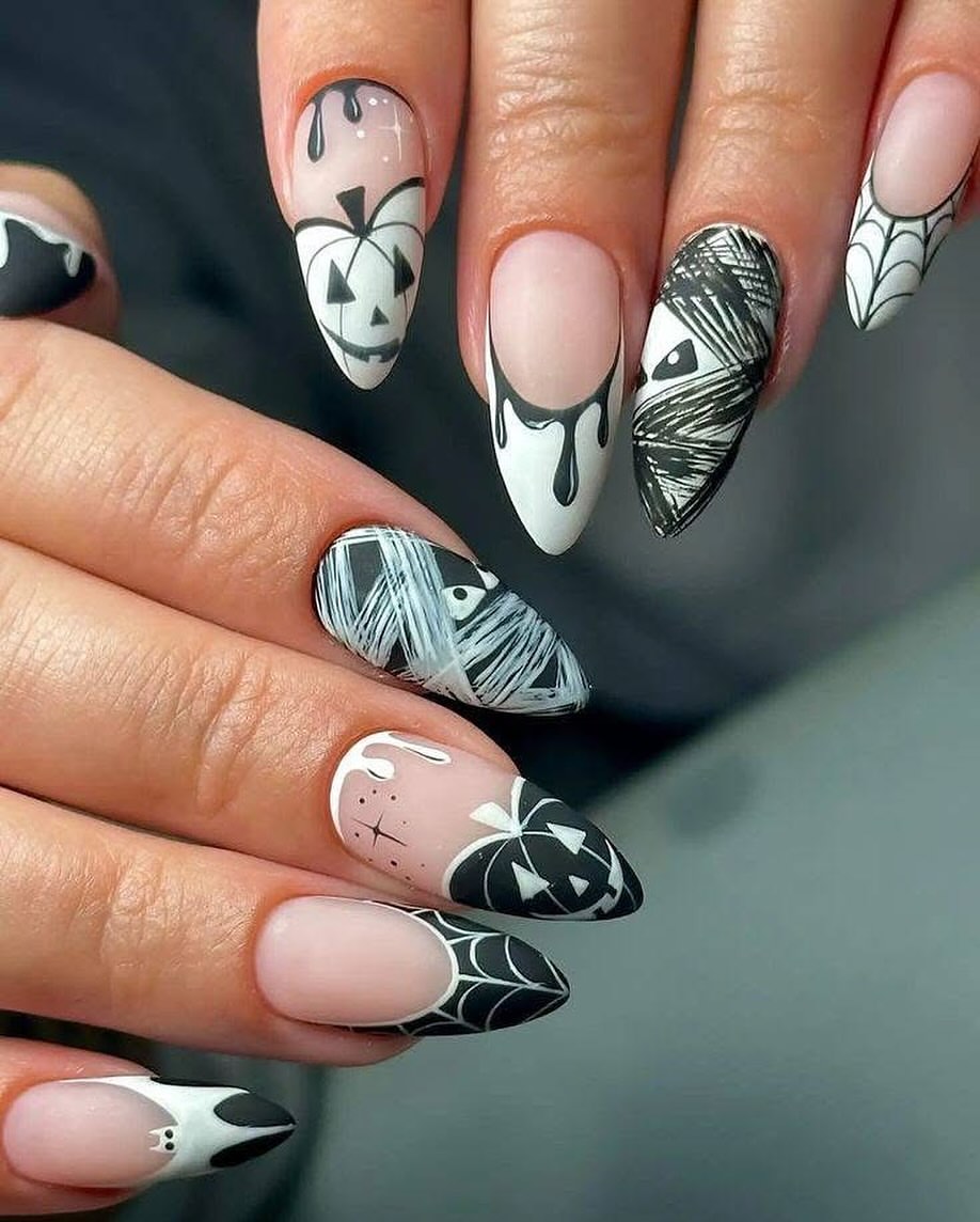 Spooky Halloween Black and White French Tips
