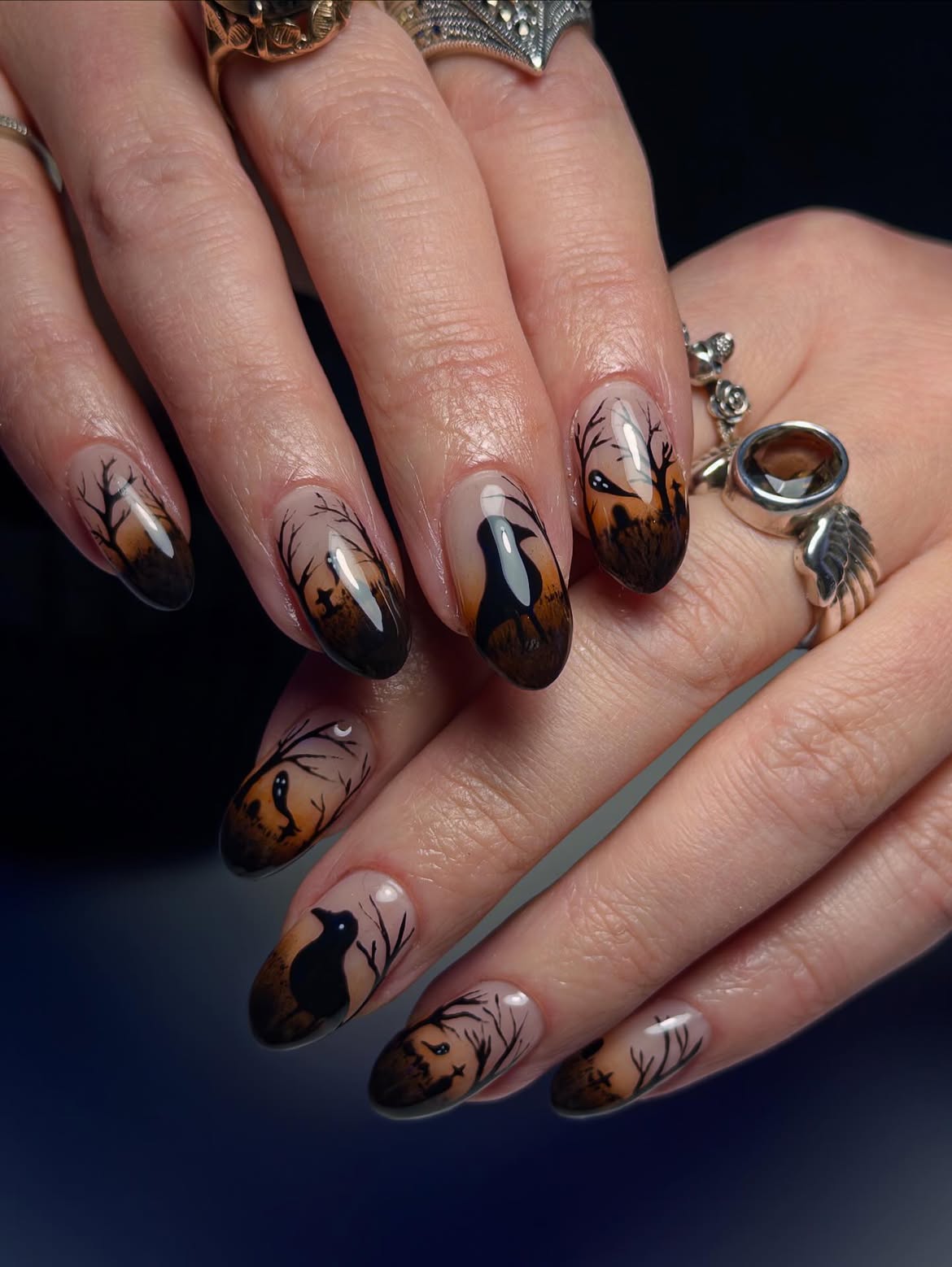 Spooky Halloween Graveyard Scene Almond Nails