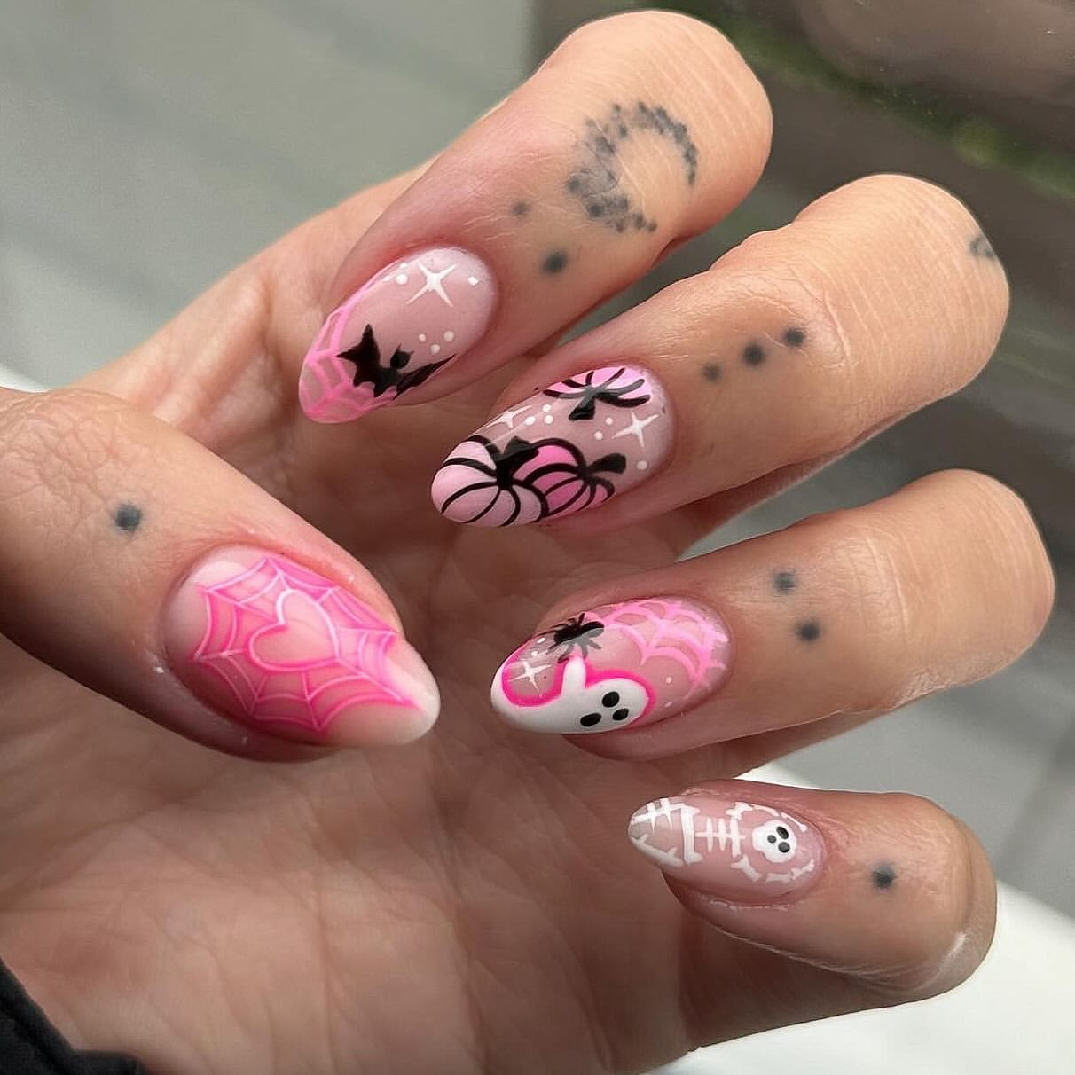 Spooky Pink Halloween Cobweb and Ghost Nails