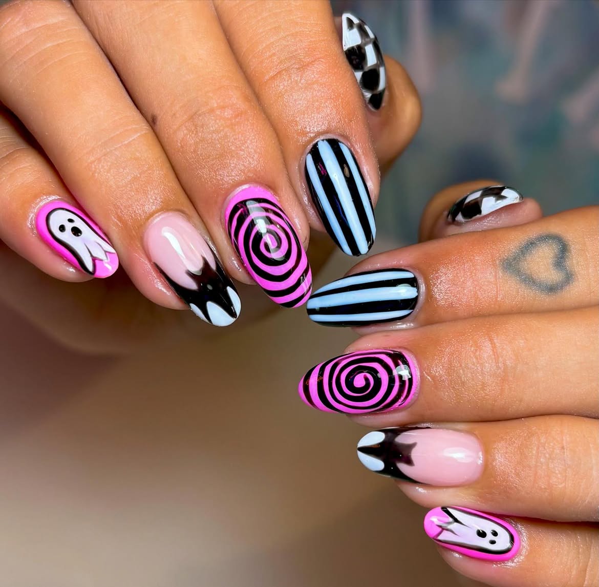 Spooky Pink Swirls and Ghosts French Tips