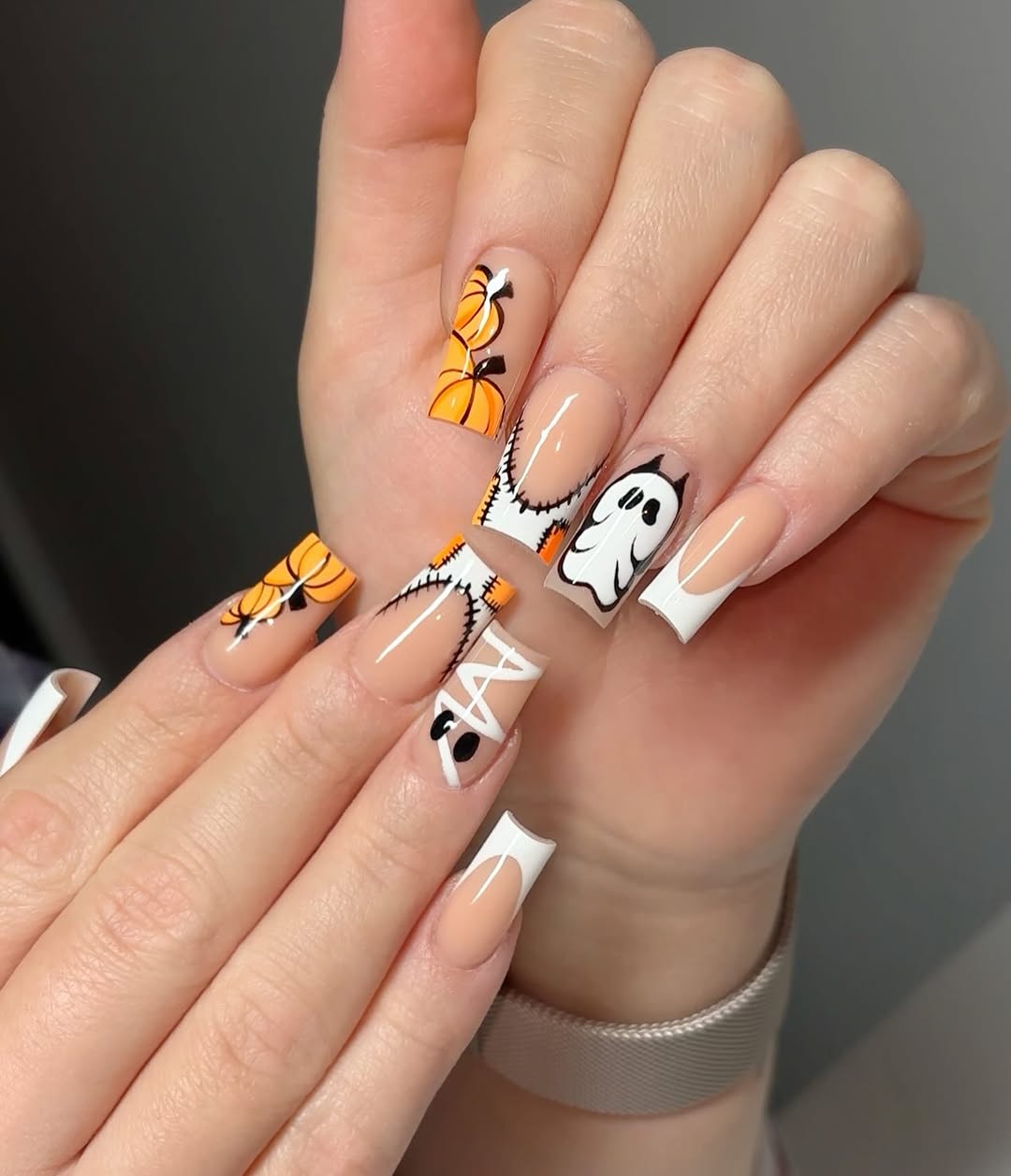 Spooky Pumpkin Patch French Tip Halloween Nails