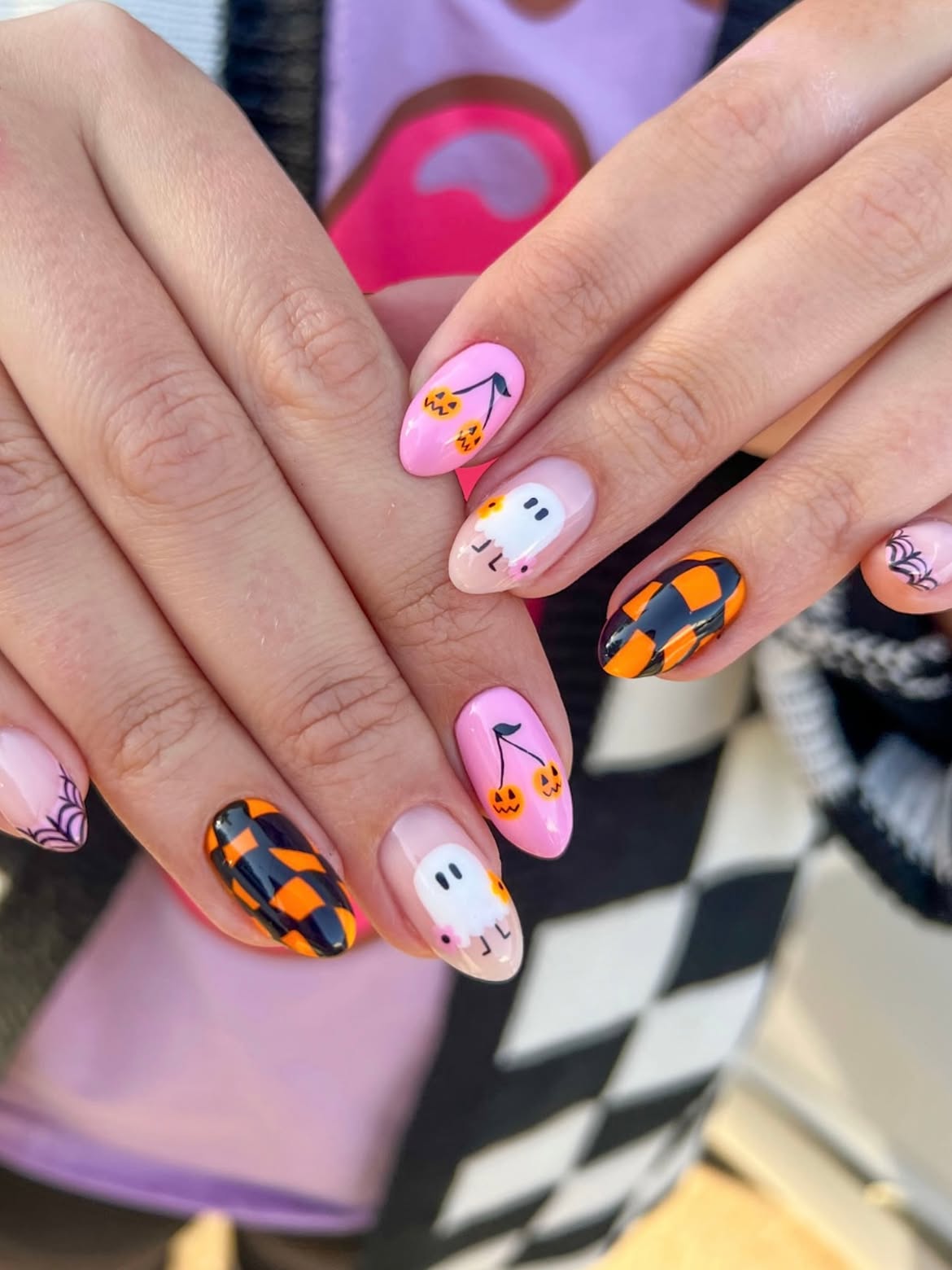 Spooky Season Ghost and Pumpkin Cherry Nails