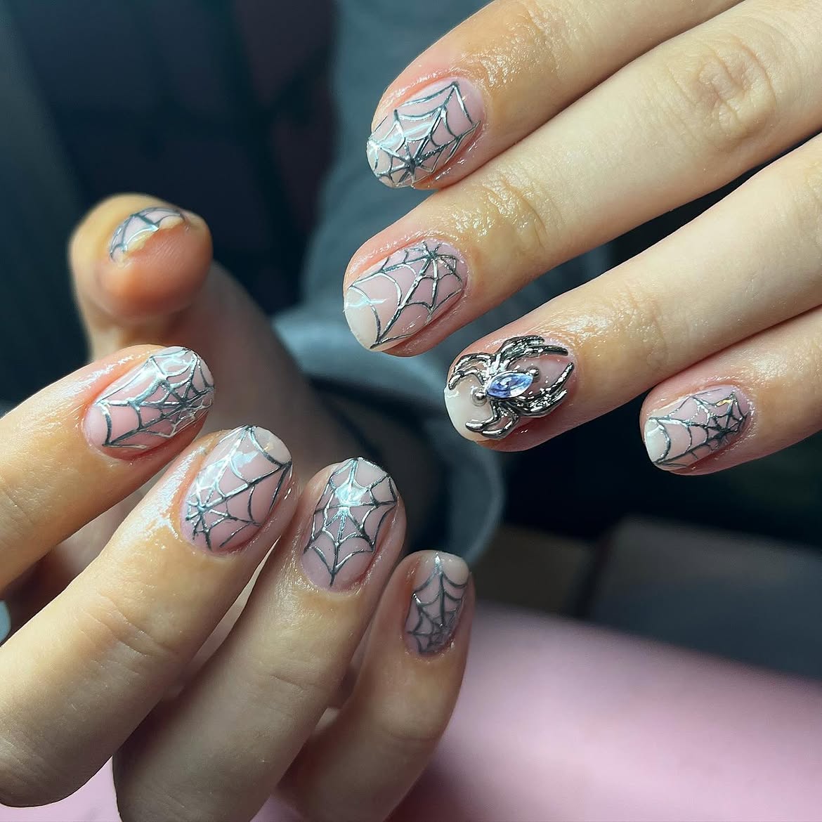 Spooky Silver Spiderweb Short Oval Nails