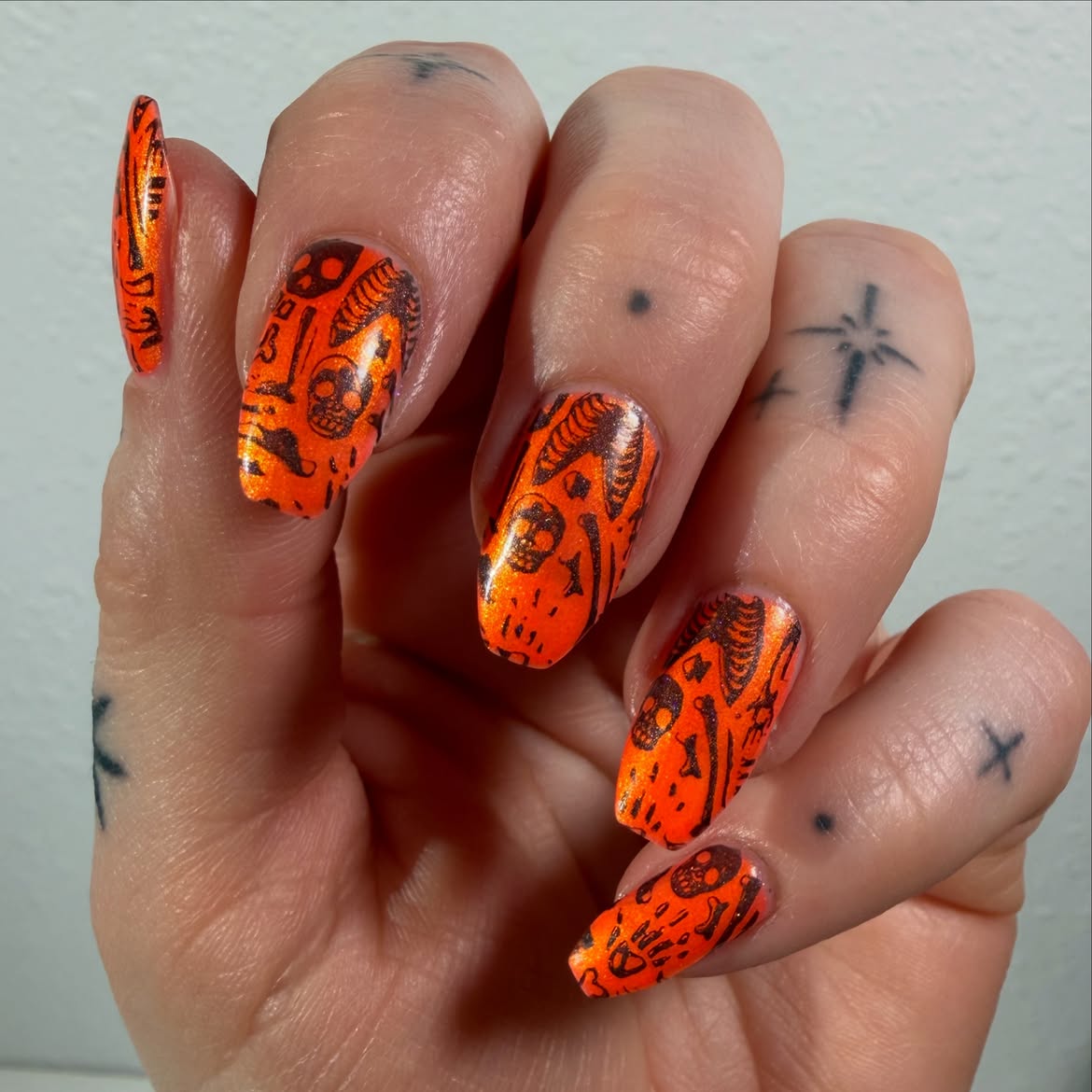 Spooky Skeleton Orange Chrome Coffin Nails