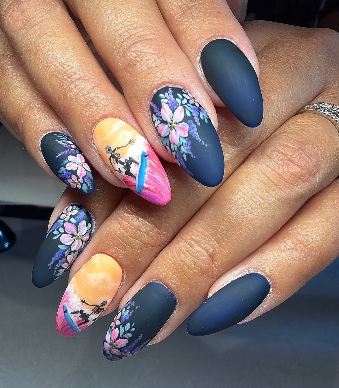 Spooky Skeleton Surf Scene Matte Almond Nails
