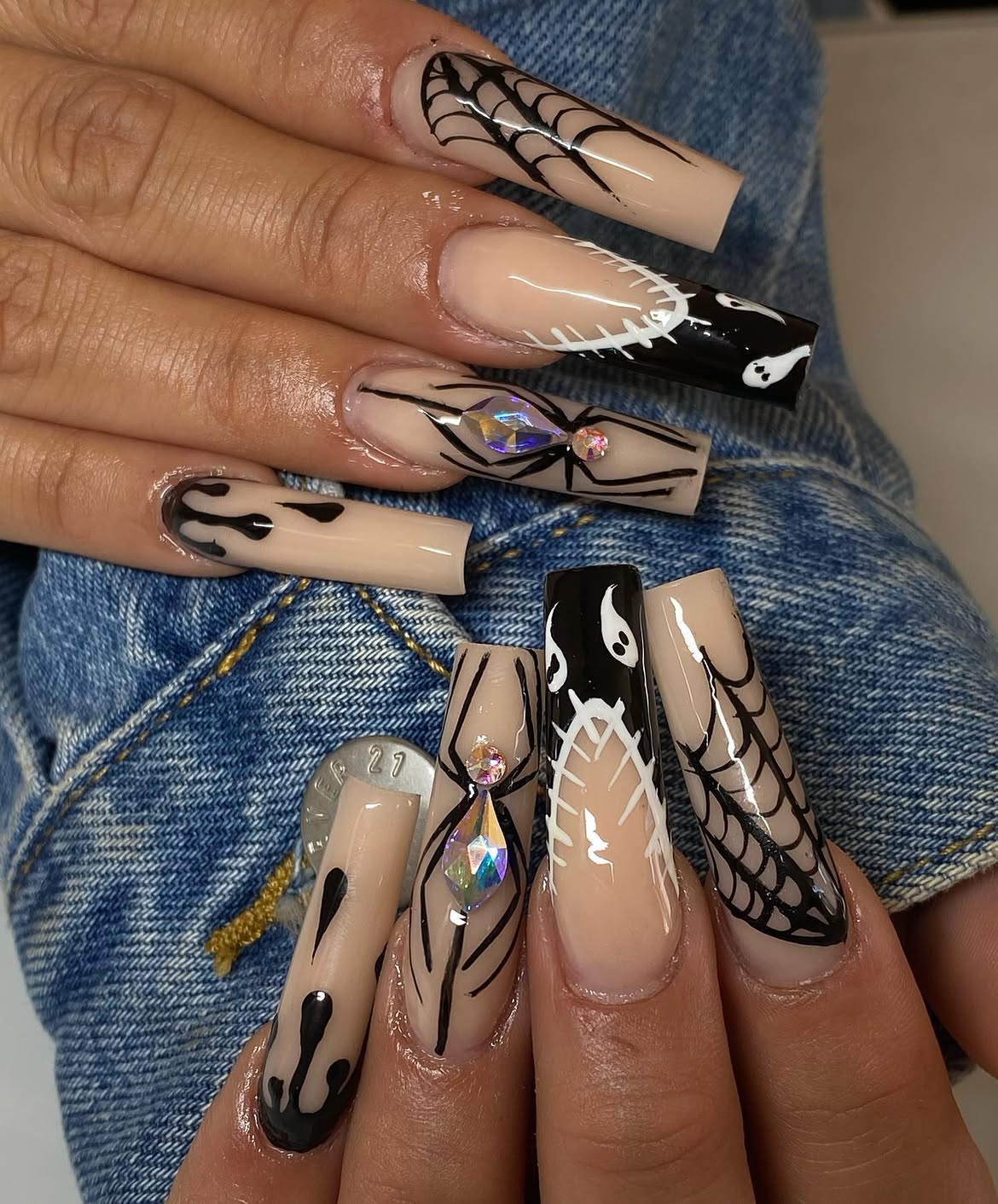 Spooky Spiderweb and Ghost Halloween Coffin Nails