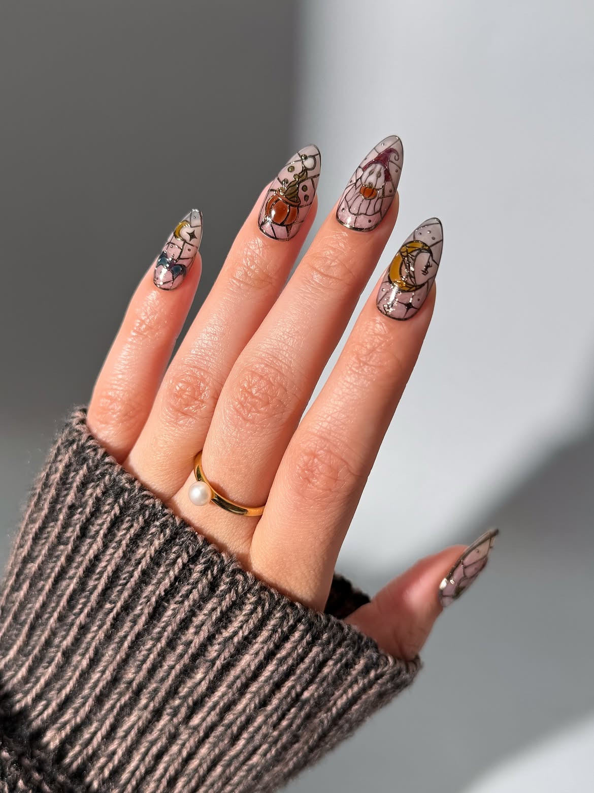 Stained Glass Halloween Character Almond Nails