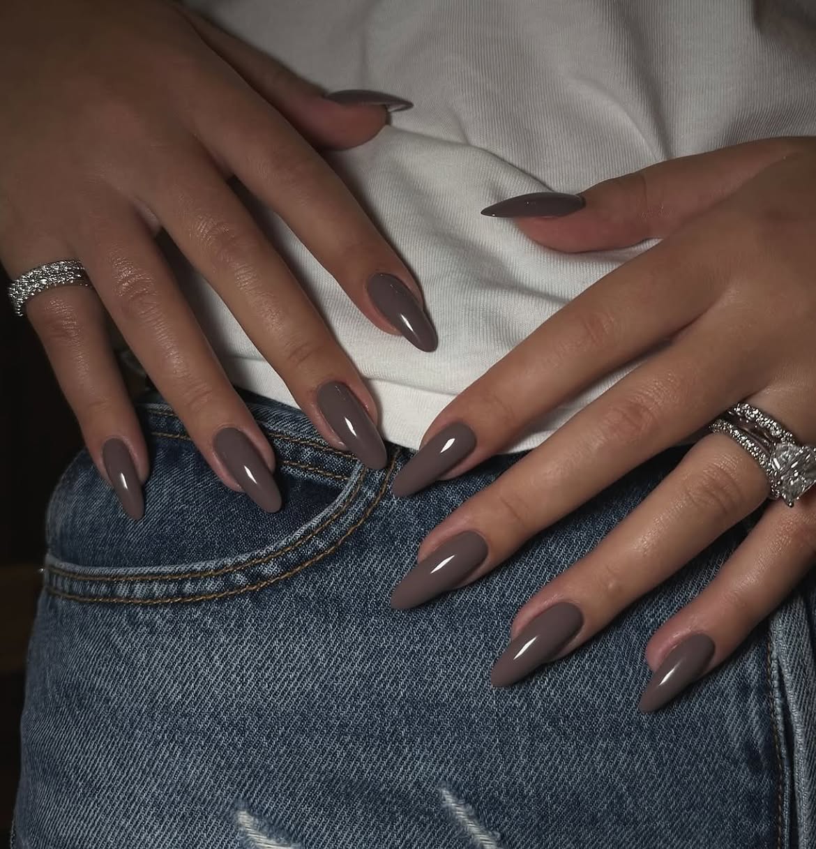 Taupe Stiletto Glossy Manicure