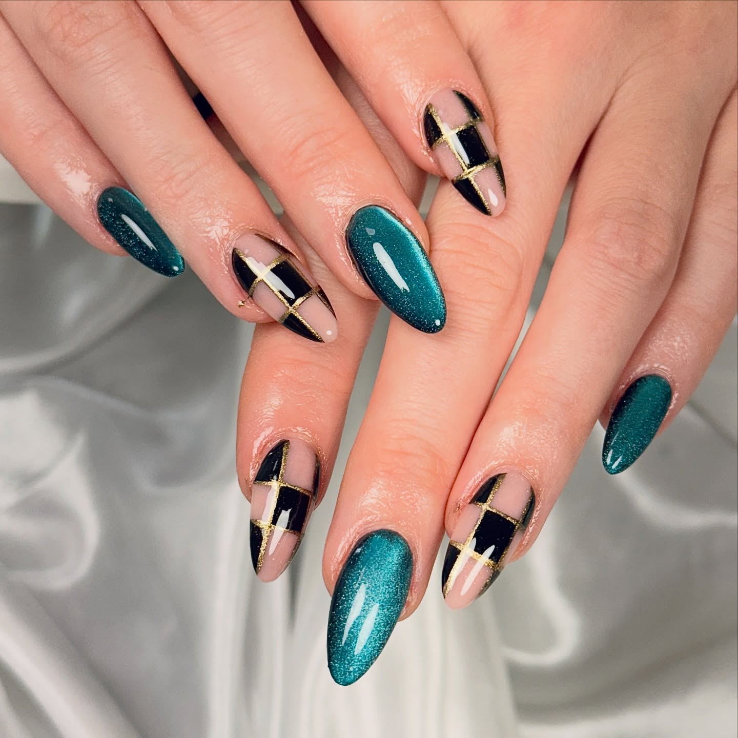Teal Cat Eye Plaid Almond Nails
