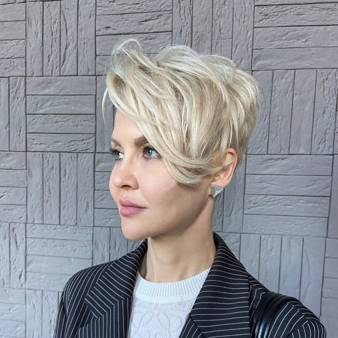 Textured Platinum Blonde Pixie With Side Bangs