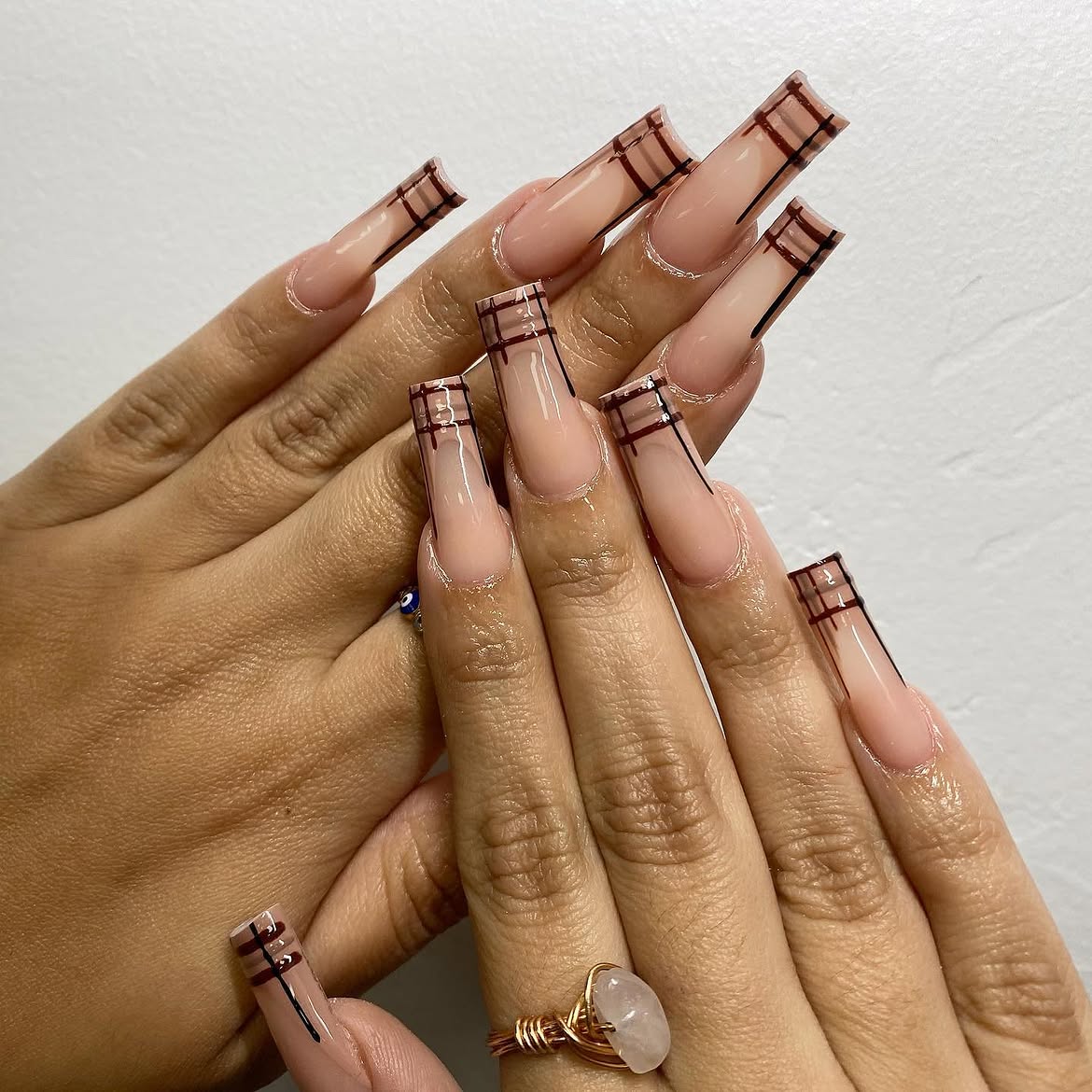 Trendy Plaid French Tip Long Coffin Nails