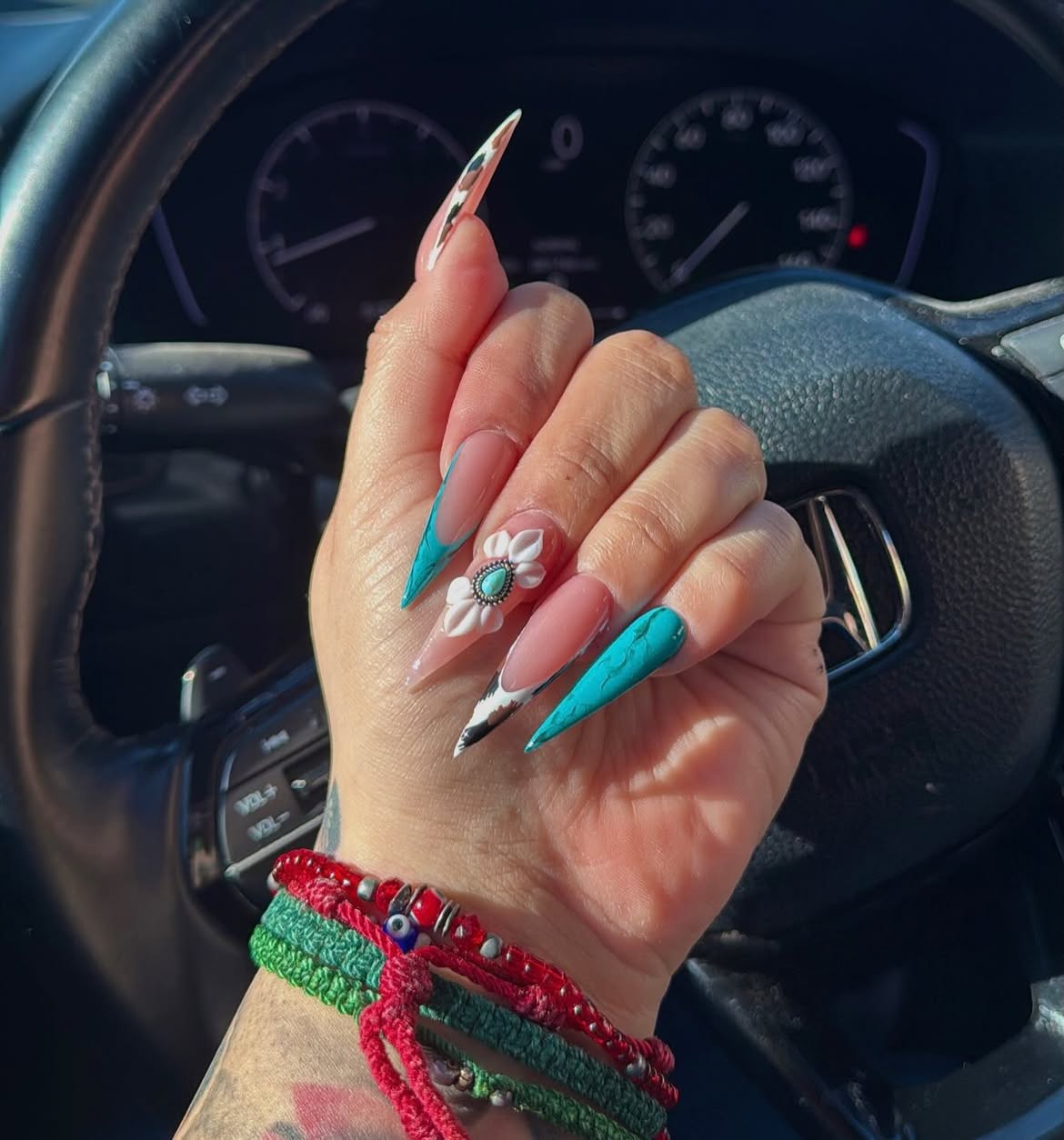 Turquoise Western French Tip Stiletto Nails
