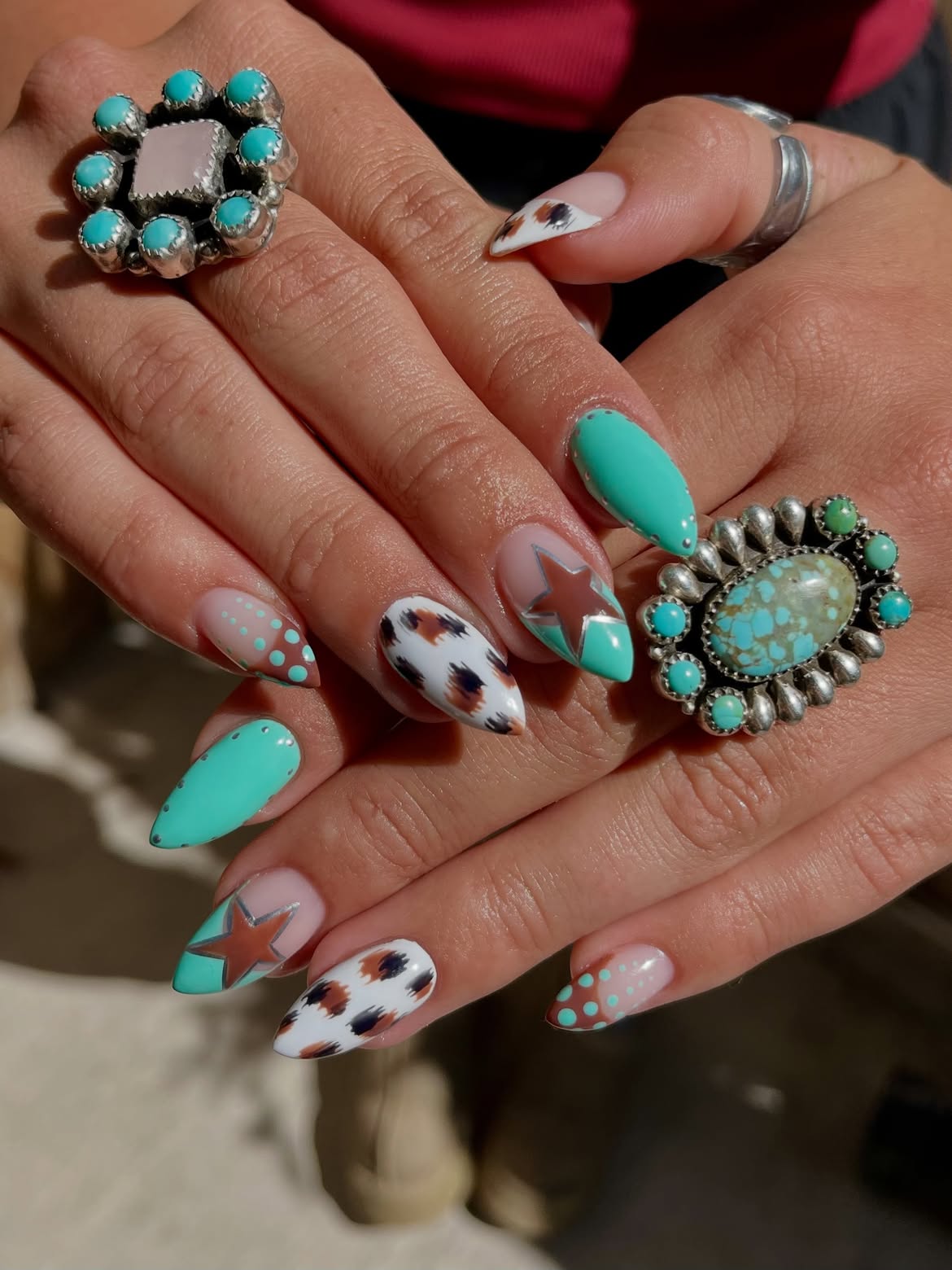 Turquoise Western Star Leopard Almond Nails
