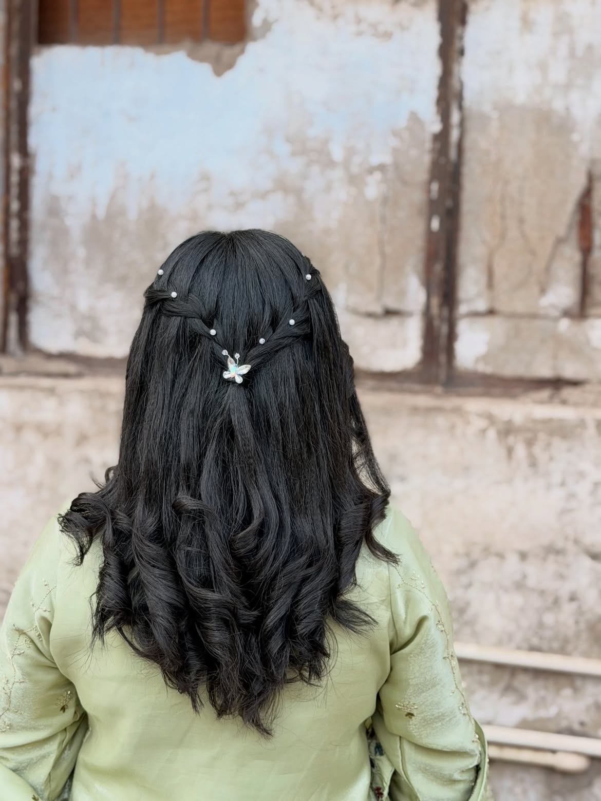 Twisted Crown Braids With Pearls and Soft Curls