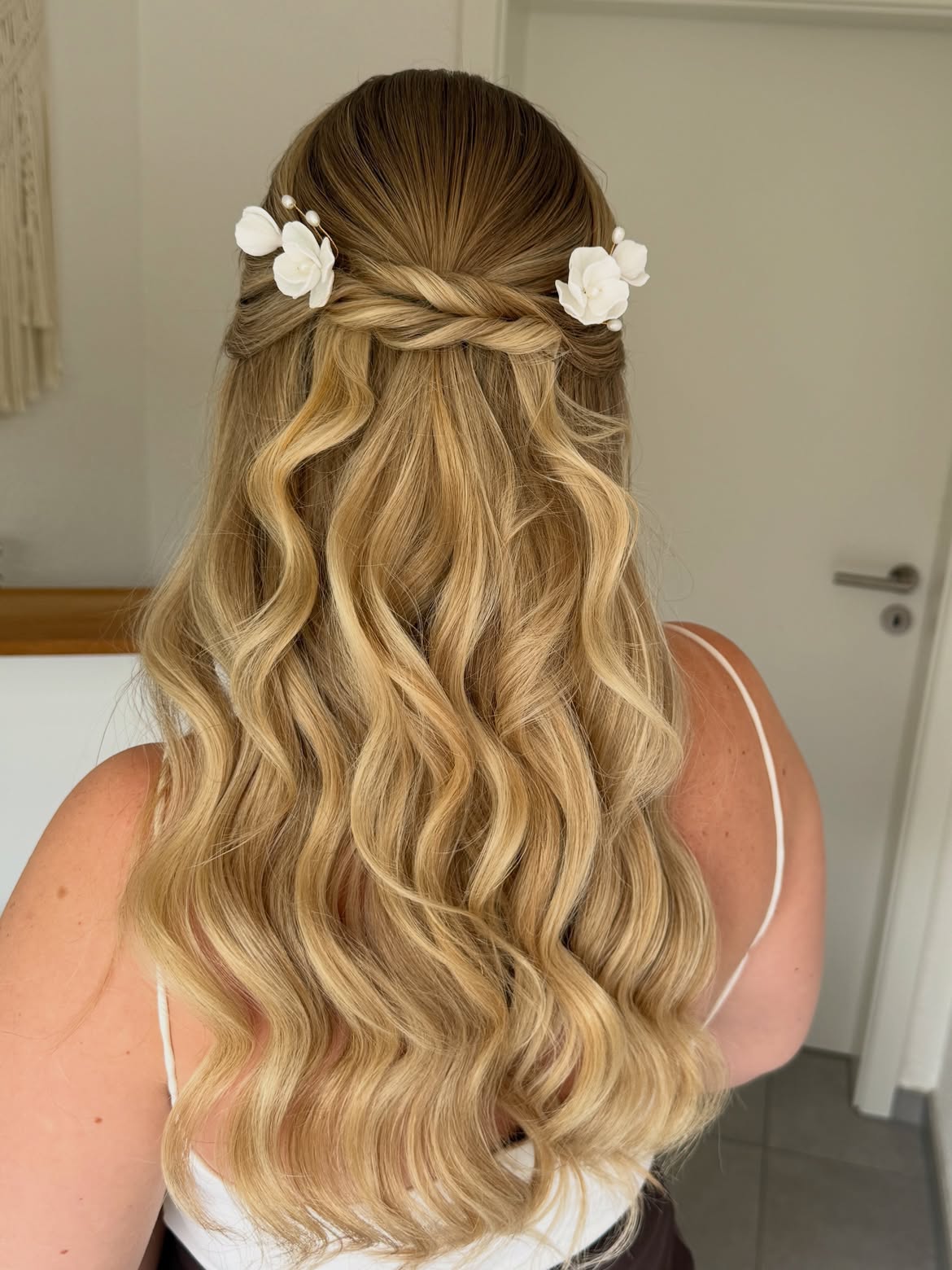 Twisted Half Up with Loose Waves and Flowers
