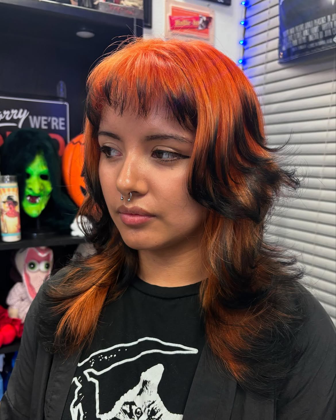 Vibrant Copper And Black Contrast Wolf Cut