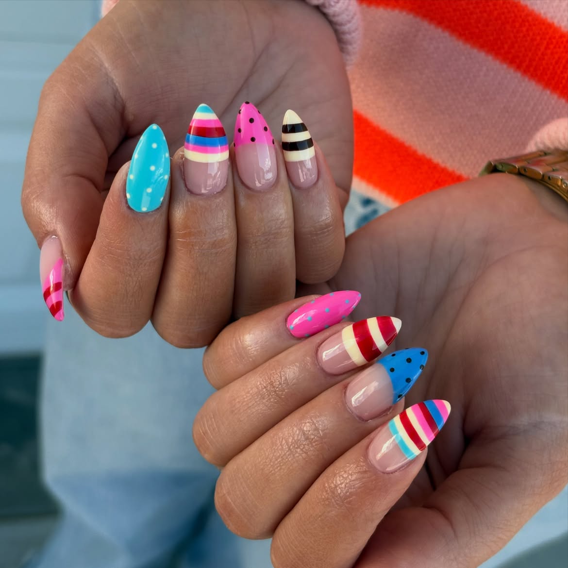 Vibrant Multicolored Patterned Almond Shaped Nails