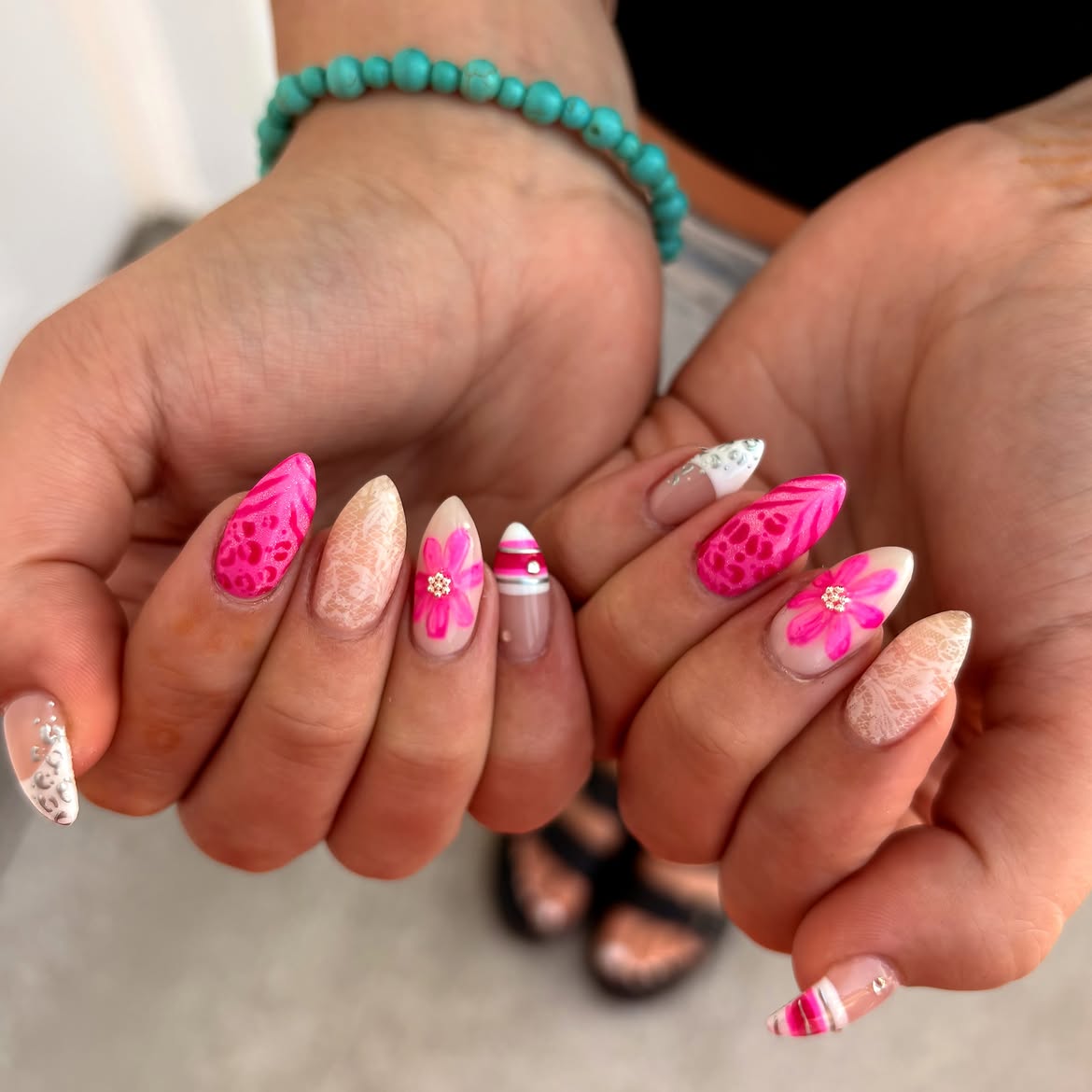 Vibrant Pink Floral Lace Almond Mix Manicure