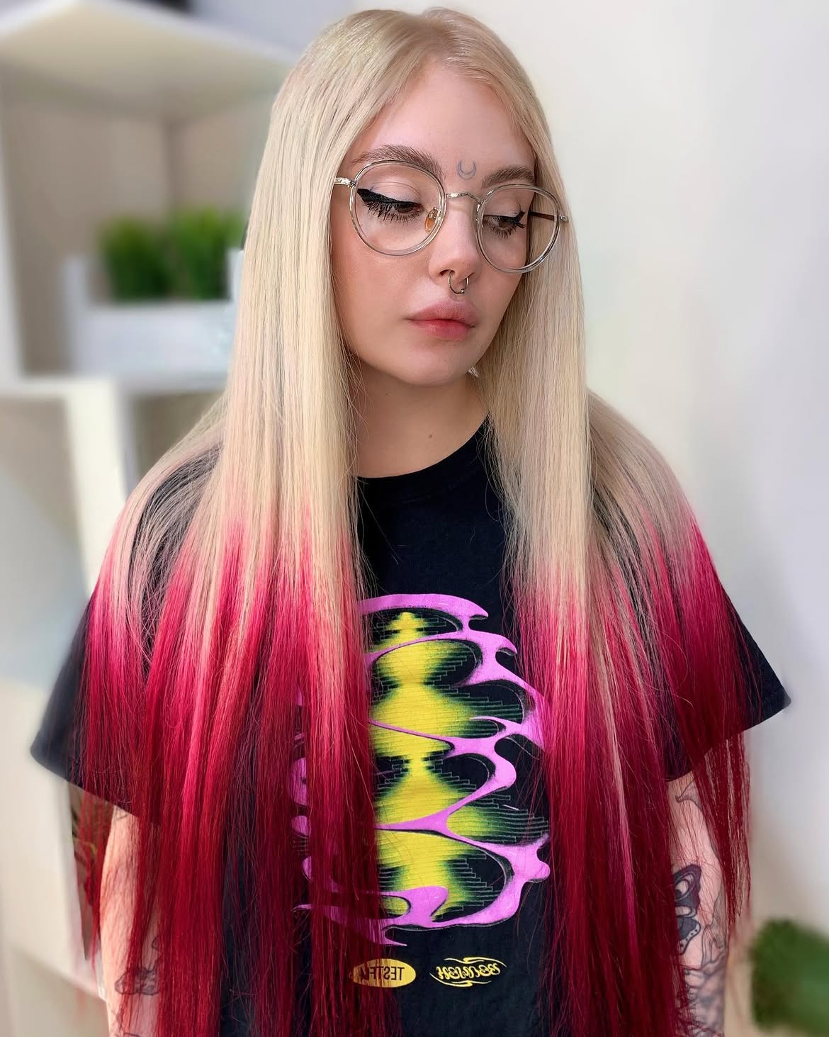 Vibrant Pink Ombre On Platinum Blonde Hair