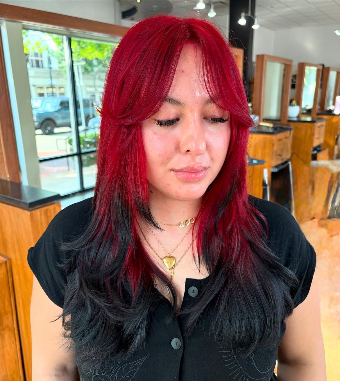 Vibrant Red And Black Ombre With Curtain Bangs