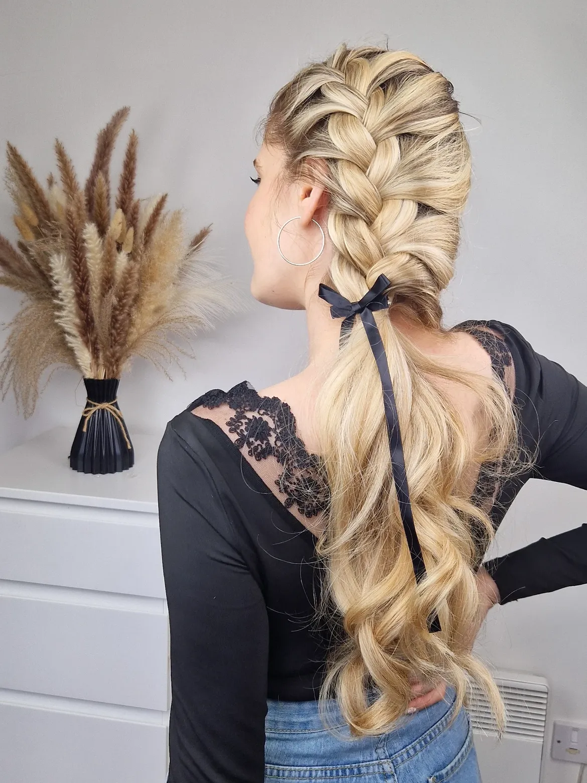 Voluminous French Braid With Ribbon Accent