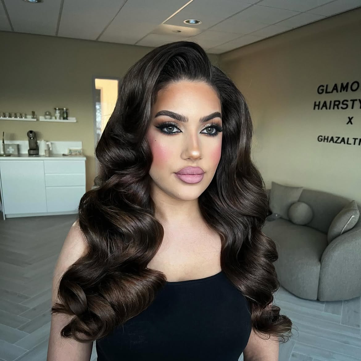 Voluminous Glossy Hollywood Waves On Espresso Brown Hair
